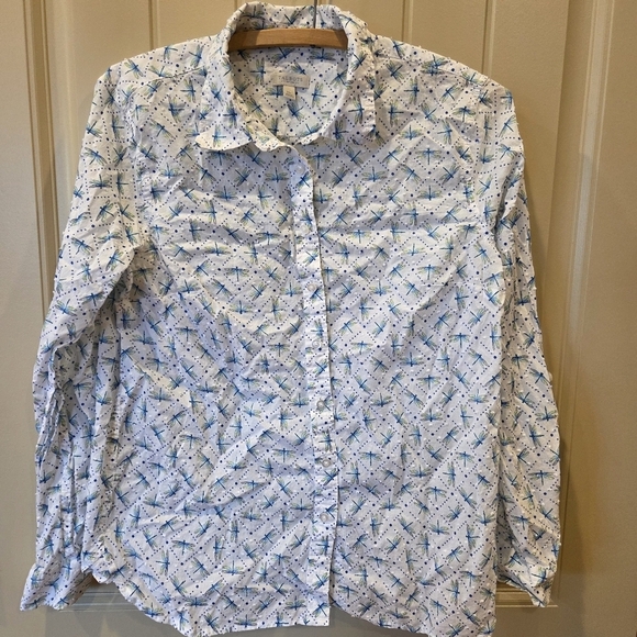 Talbots Dragon Fly Long Sleeve Button Shirt - Size Medium Petitie White Women - Picture 2 of 12
